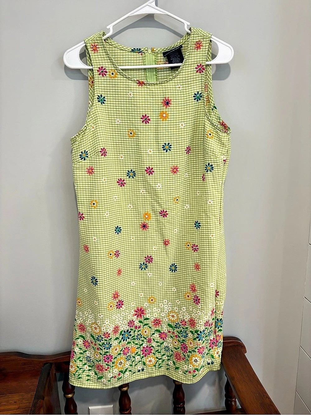 No Boundaries Gingham Floral Dress Green & White Size Juniors Large